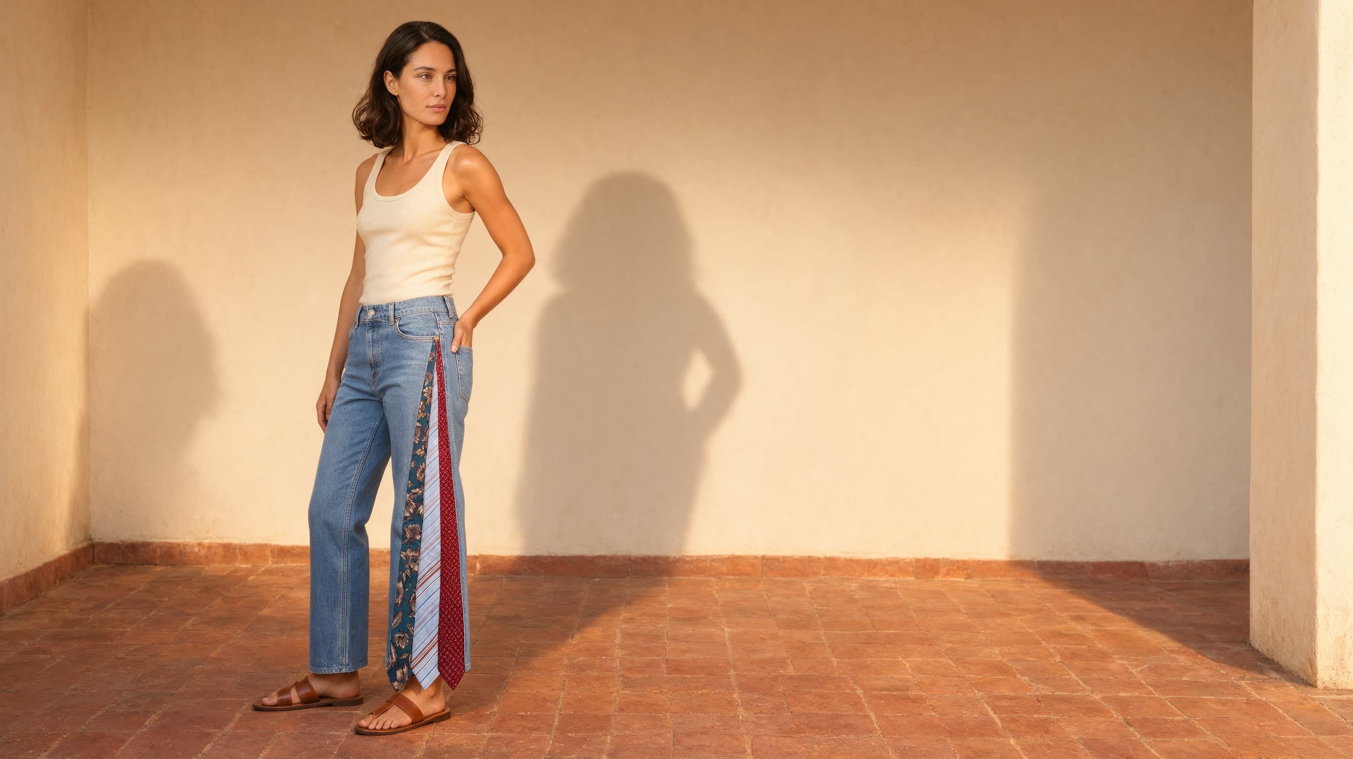 Tie Panel Jeans, On model
